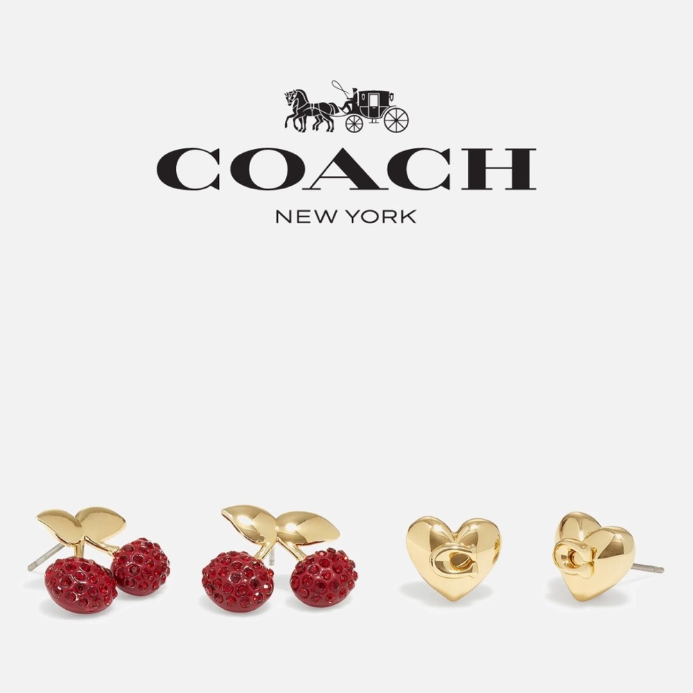 COACH Cherry Pave Heart Gold-Tone C Logo Stud Earrings Set